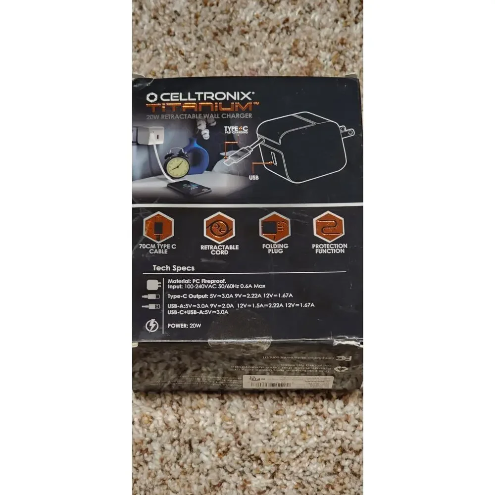 Celltronix Titanium 20W Retractable Fast Charge Wall Charger with a Type-C...